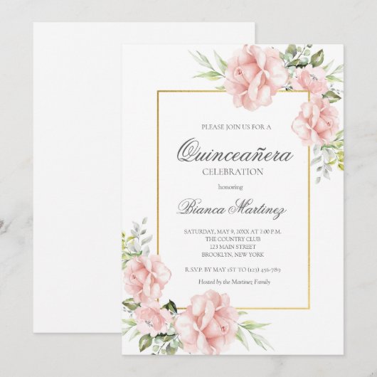 Elegant Blush Pink Floral Quinceanera Kaart (Voorkant / Achterkant)