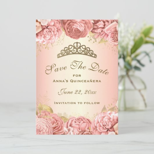 Elegant Blush Pink Floral Quinceanera Save The Date (Staand voorkant)