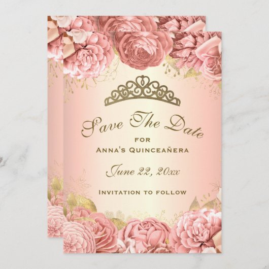 Elegant Blush Pink Floral Quinceanera Save The Date (Voorkant / Achterkant)