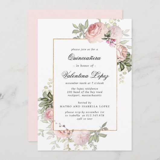 Elegant Blush Pink Floral Quinceanera Uitnodiging (Voorkant / Achterkant)