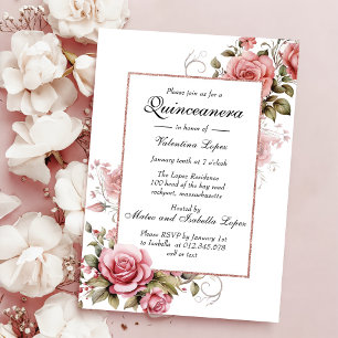 Elegant Blush Pink Floral Quinceanera Uitnodiging