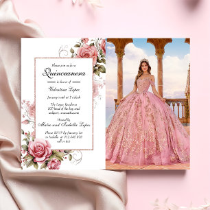 Elegant Blush Pink Floral Quinceanera Uitnodiging