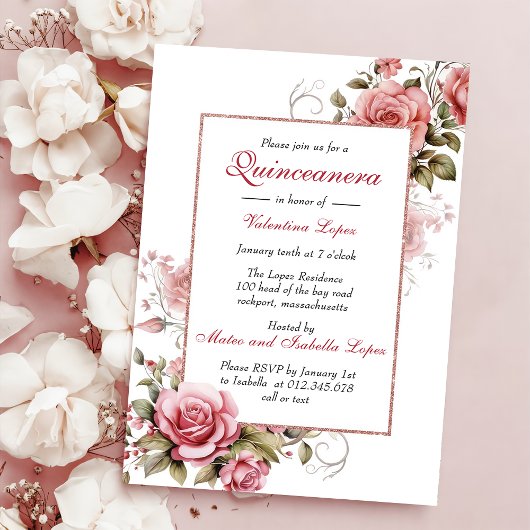 Elegant Blush Pink Floral Quinceanera Uitnodiging