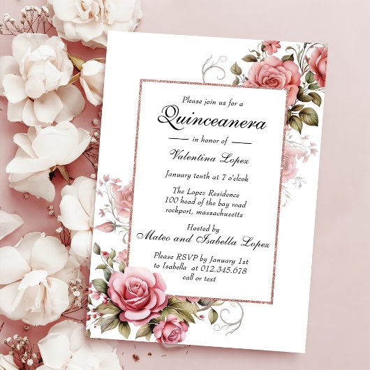 Elegant Blush Pink Floral Quinceanera Uitnodiging