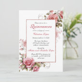 Elegant Blush Pink Floral Quinceanera Uitnodiging (Staand voorkant)
