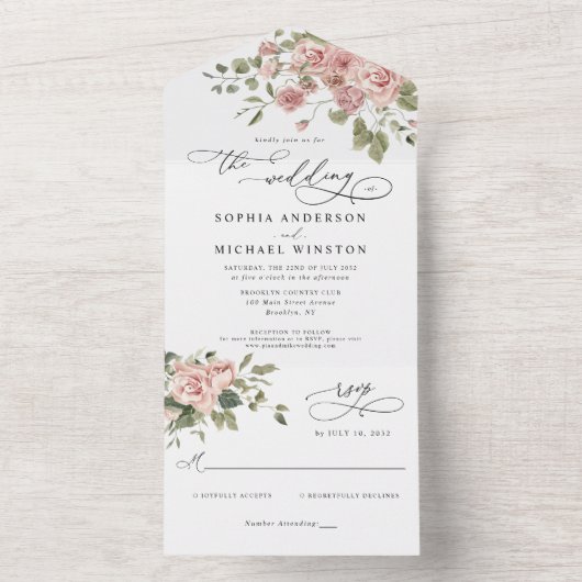 Elegant Blush Pink Floral Roos Botanical Weddensch All In One Uitnodiging (Binnen)