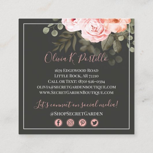 Elegant Blush Pink Floral Roos Moderne sociale med Vierkante Visitekaartje (Achterkant)