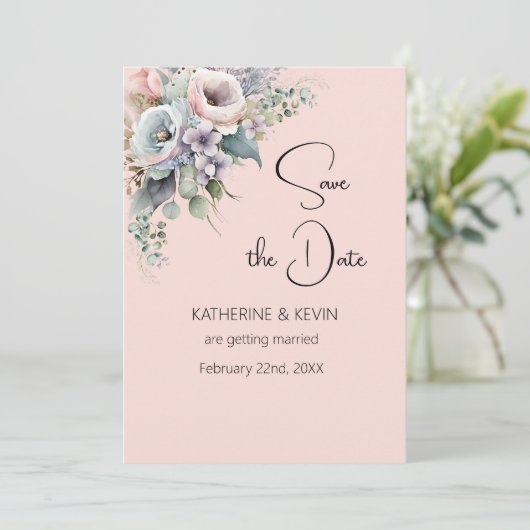 Elegant Blush Pink Floral Save the Date Wedding Kaart (Staand voorkant)