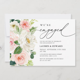Elegant Blush Pink Floral Script Engagement Party Kaart