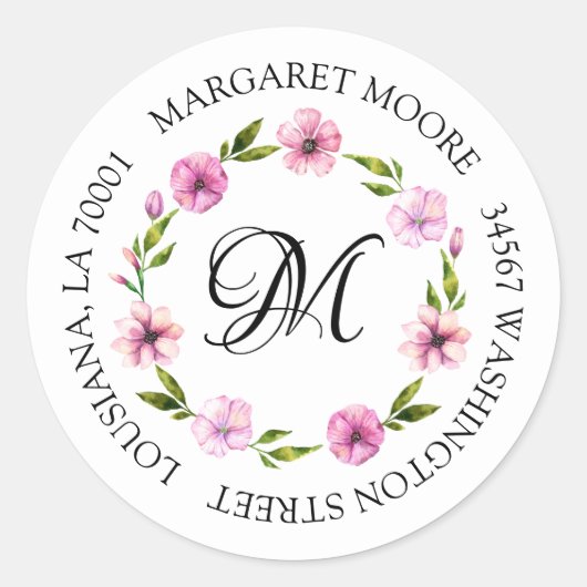 Elegant Blush Pink Floral Script Monogram adres Ronde Sticker (Voorkant)