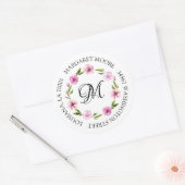 Elegant Blush Pink Floral Script Monogram adres Ronde Sticker (Envelop)