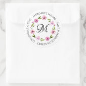 Elegant Blush Pink Floral Script Monogram adres Ronde Sticker (Tas)
