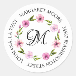 Elegant Blush Pink Floral Script Monogram adres Ronde Sticker