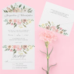 Elegant Blush Pink Floral Spring Garden Wedding All In One Uitnodiging<br><div class="desc">Een elegante florale bouquet van roze pinda's en lijst van ivoor roos deze mooie uitnodiging voor het lentetsen. De vloerbedekking van de zagerijbladeren versieren zich in het midden van de perzikserie van bloemen die de prachtige moderne typografie omringen. Met deze kaart wordt een romantische aanraking toegevoegd. Geef dit allemaal een...</div>