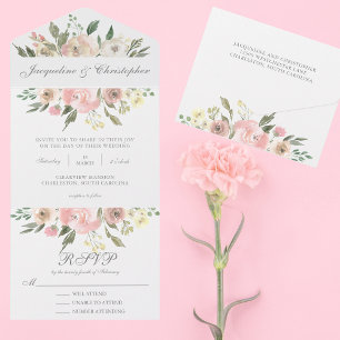 Elegant Blush Pink Floral Spring Garden Wedding All In One Uitnodiging