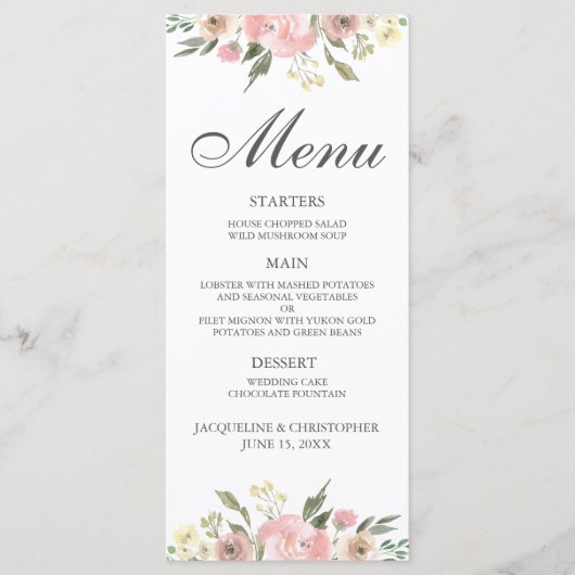 Elegant Blush Pink Floral Spring Weddenschap Dinne Menu (Voorkant)