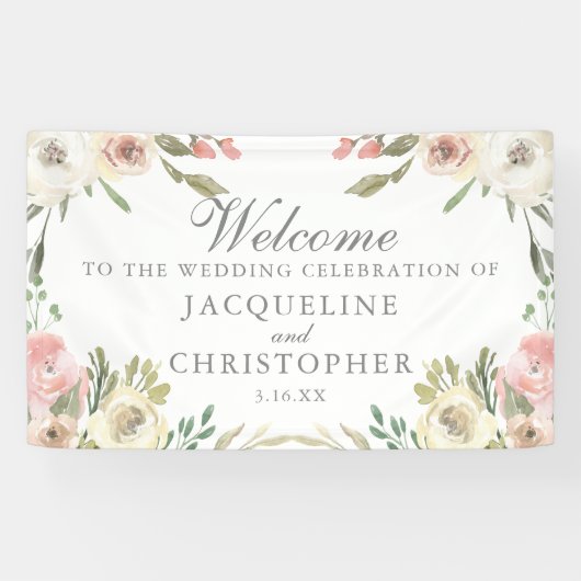 Elegant Blush Pink Floral Spring Weddenschap Welko Spandoek (Horizontaal)