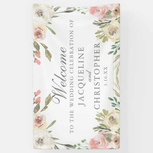 Elegant Blush Pink Floral Spring Weddenschap Welko Spandoek (Verticaal)
