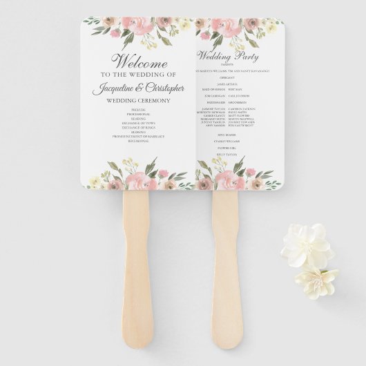 Elegant Blush Pink Floral Spring Wedding Programme Handwaaier (Voorkant en achterkant)
