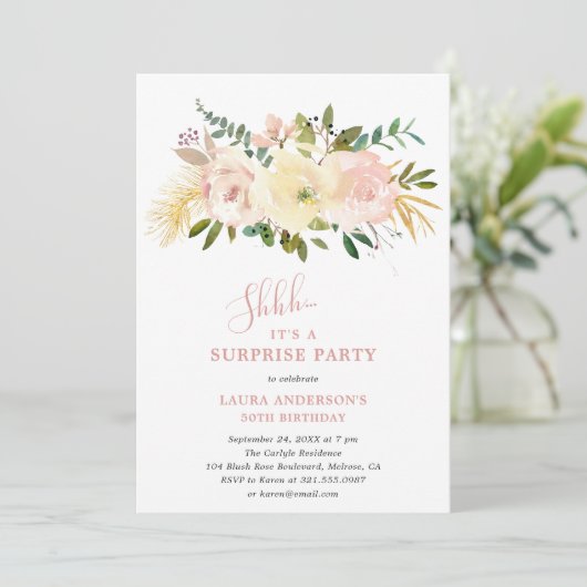 Elegant Blush Pink Floral Suprise Birthday Kaart (Staand voorkant)