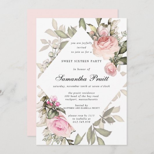 Elegant Blush Pink Floral Sweet 16 Kaart (Voorkant / Achterkant)