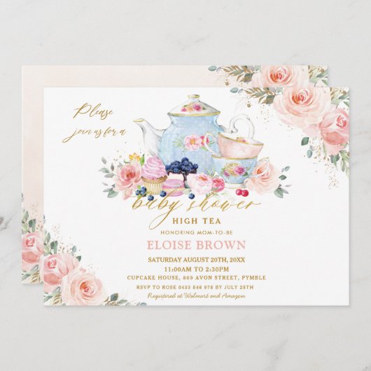 Elegant Blush Pink Floral Tea Party Baby shower in Kaart (Voorkant / Achterkant)