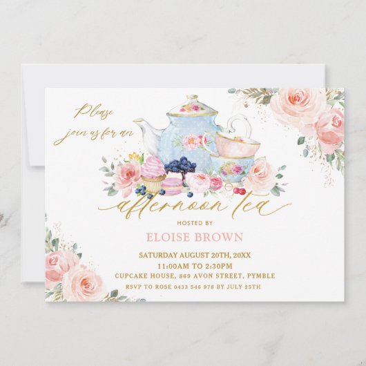 Elegant Blush Pink Floral vanmiddag Tea Party Kaart (Voorkant)