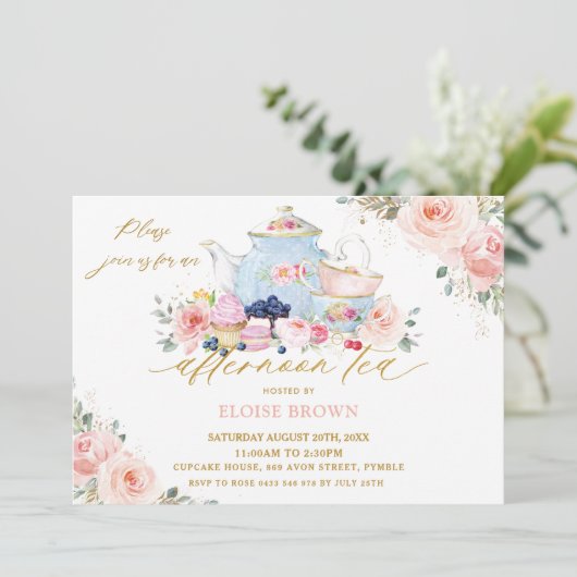Elegant Blush Pink Floral vanmiddag Tea Party Kaart (Staand voorkant)