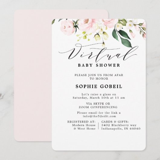 Elegant Blush Pink Floral VIRTUEEL Baby shower Kaart (Voorkant / Achterkant)