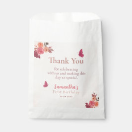 Elegant Blush Pink Floral Watercolor 1st Birthday Bedankzakje