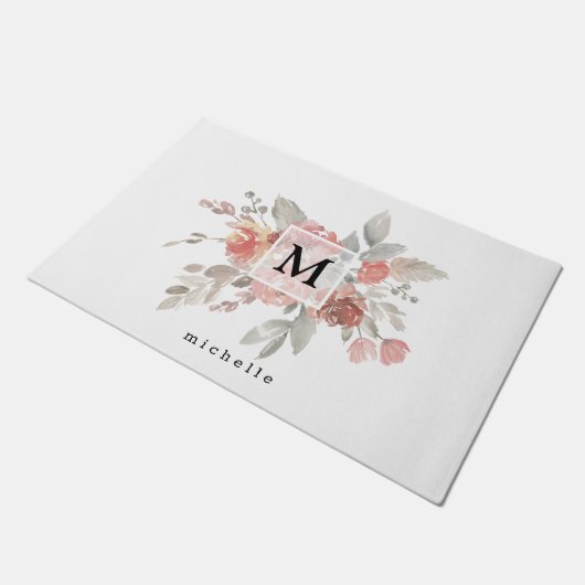 Elegant Blush Pink Floral Waterverf Monogram Deurmat (Schuin)