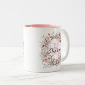 Elegant Blush Pink Floral Waterverf Monogram Naam Tweekleurige Koffiemok (Voorkant rechts)