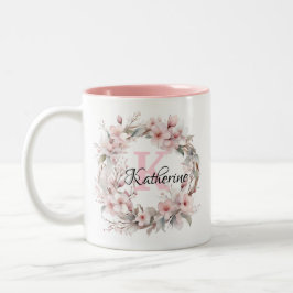 Elegant Blush Pink Floral Waterverf Monogram Naam Tweekleurige Koffiemok