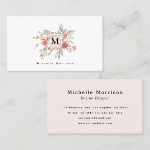 Elegant Blush Pink Floral Waterverf Monogram Visitekaartje