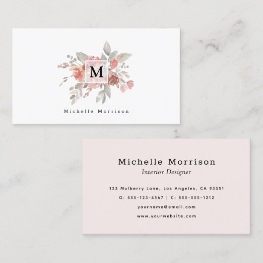 Elegant Blush Pink Floral Waterverf Monogram Visitekaartje (Voorkant / Achterkant)