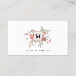 Elegant Blush Pink Floral Waterverf Monogram Visitekaartje