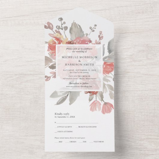 Elegant Blush Pink Floral Waterverf Wedding All In One Uitnodiging (Binnen)