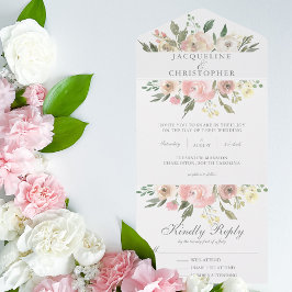 Elegant Blush Pink Floral Waterverf Wedding All In One Uitnodiging