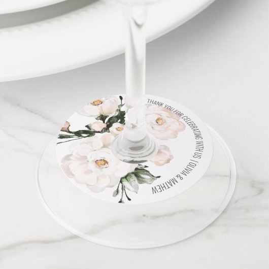 Elegant Blush Pink Floral Waterverf Wedding Favor Wijnglaslabel (Dichtbij)