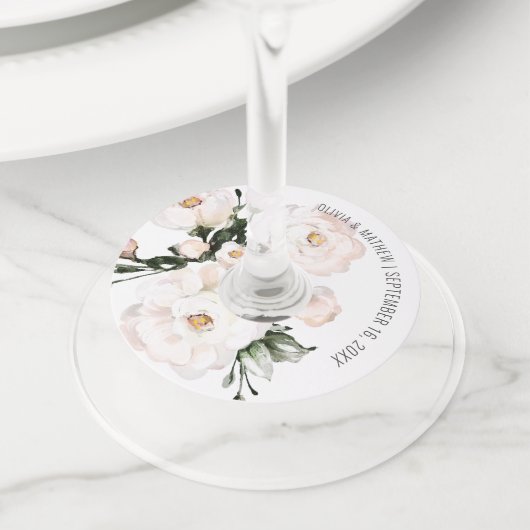 Elegant Blush Pink Floral Waterverf Wedding Favor Wijnglaslabel (Dichtbij)