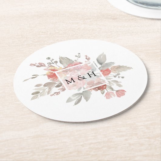 Elegant Blush Pink Floral Waterverf Wedding Ronde Kartonnen Onderzetter (Gebogen)
