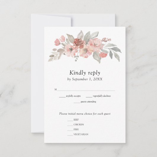 Elegant Blush Pink Floral Waterverf Wedding RSVP Kaartje (Voorkant)