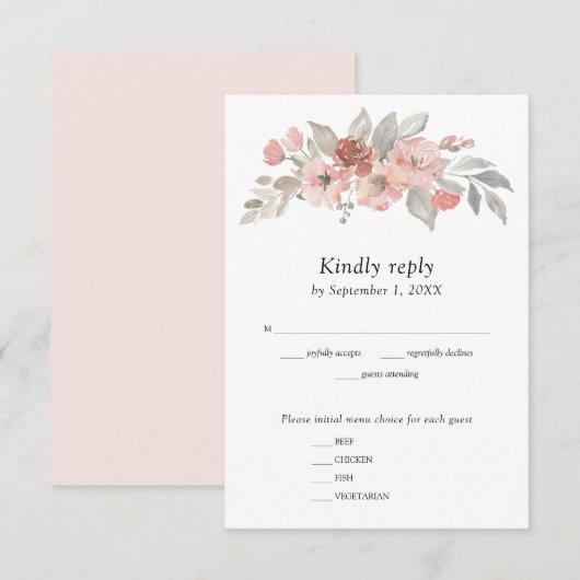 Elegant Blush Pink Floral Waterverf Wedding RSVP Kaartje (Voorkant / Achterkant)