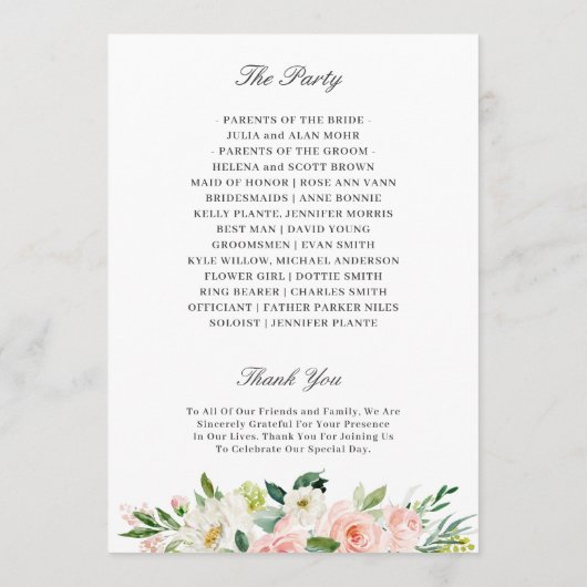 Elegant Blush Pink Floral Wedding Ceremony Programmakaart (Achterkant)