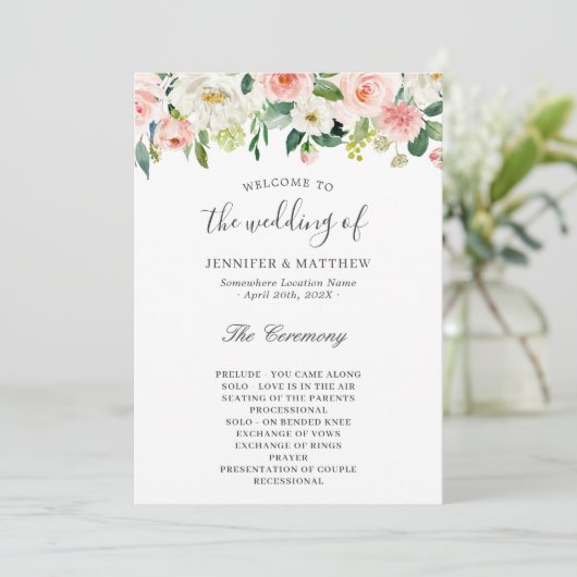 Elegant Blush Pink Floral Wedding Ceremony Programmakaart (Staand voorkant)