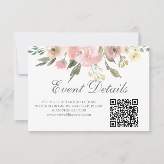 Elegant Blush Pink Floral Wedding Details QR Code RSVP Kaartje (Voorkant)