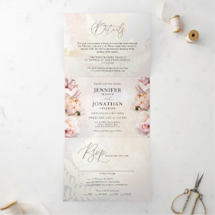 Elegant Blush Pink Floral Wedding Drieluik Uitnodiging
