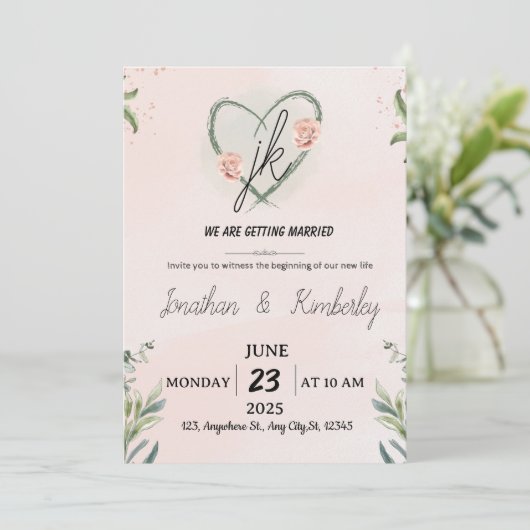 Elegant Blush Pink Floral Wedding Invite Kaart (Staand voorkant)