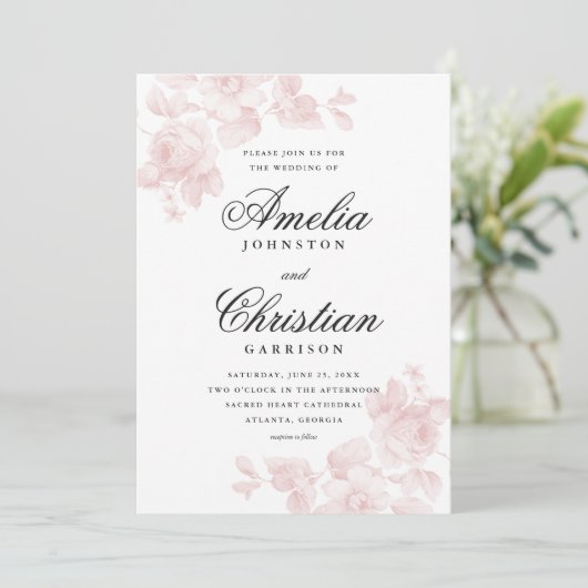 Elegant Blush Pink Floral Wedding Kaart (Staand voorkant)