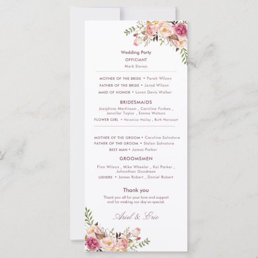 Elegant Blush Pink Floral Wedding Programme (Achterkant)